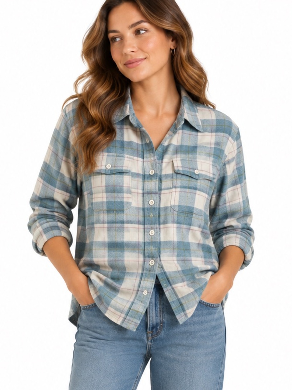 Patagonia Fjord Flannel Blue Cream Plaid Size 6 Gorpcore Button Front Shirt